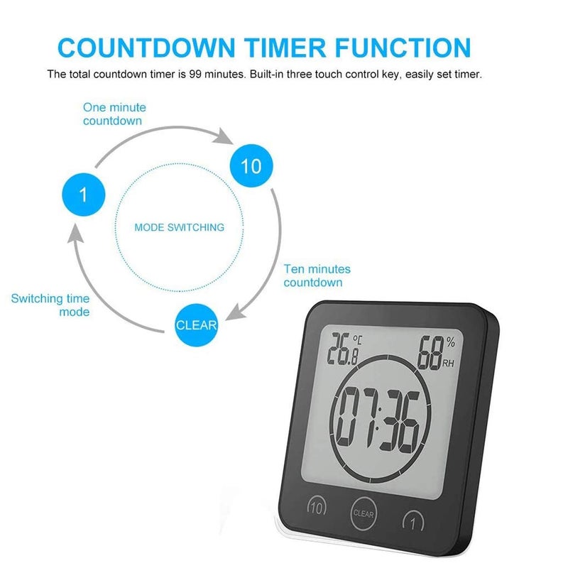NOFIBAF Digital Bathroom Shower Wall Clock Timer with Alarm with Big LCD Display, Waterproof for Water Spray, Humidity Temperature Display, Wall Clock Timer for Bathroom Shower Makeup Cooking - Image 5